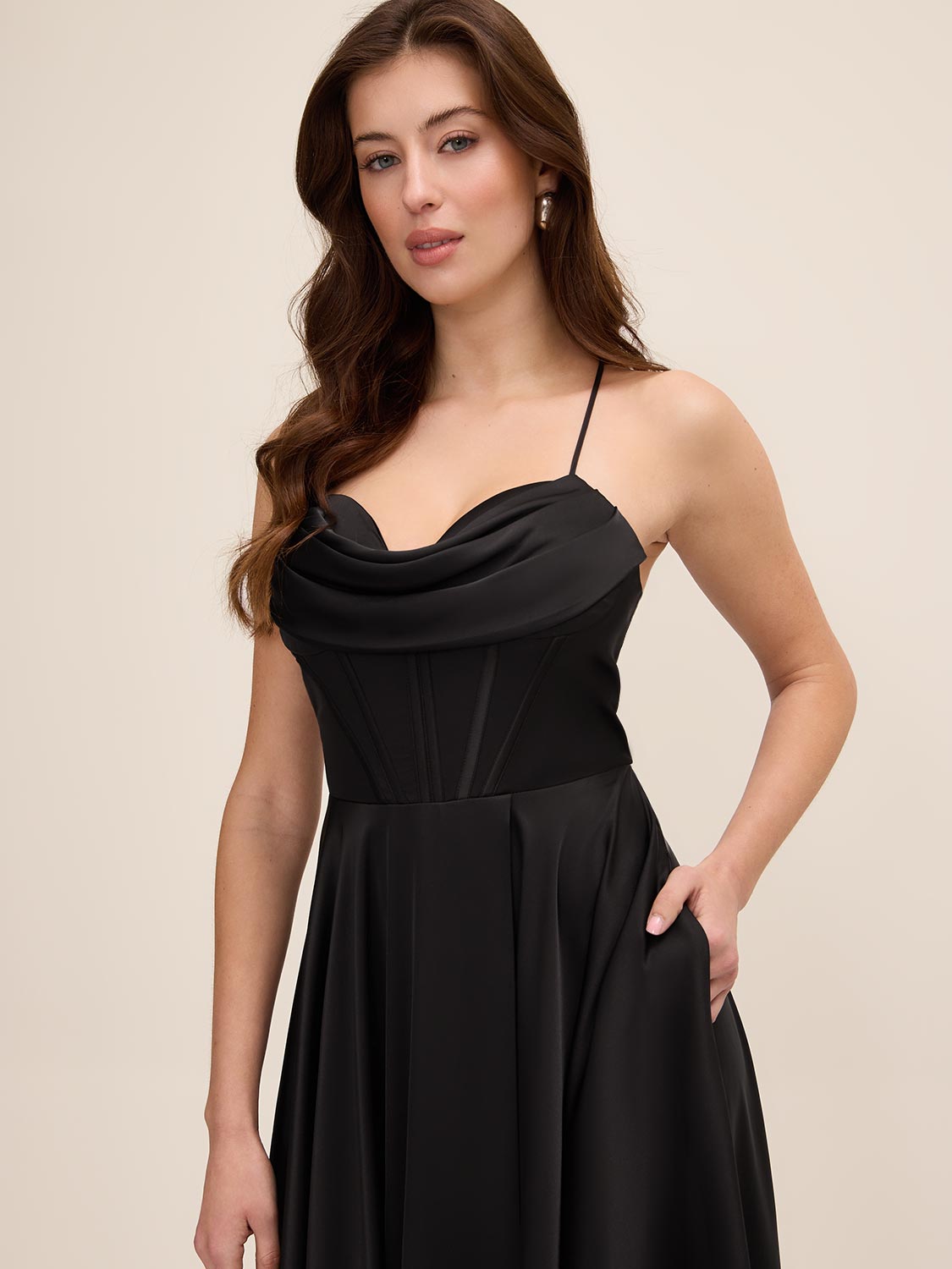 Black Satin Bustier Gown with Leg Opening - Woman Wearing Formal Evening Dress - Le Chateau