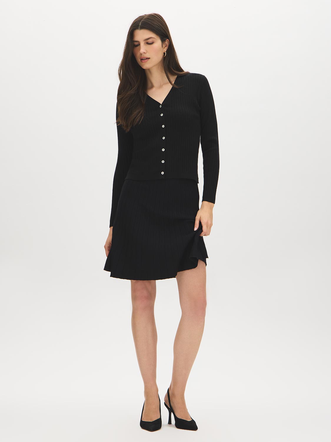 Black V-Neck Button Front Ribbed Cardigan - Front View - Suzy Shier