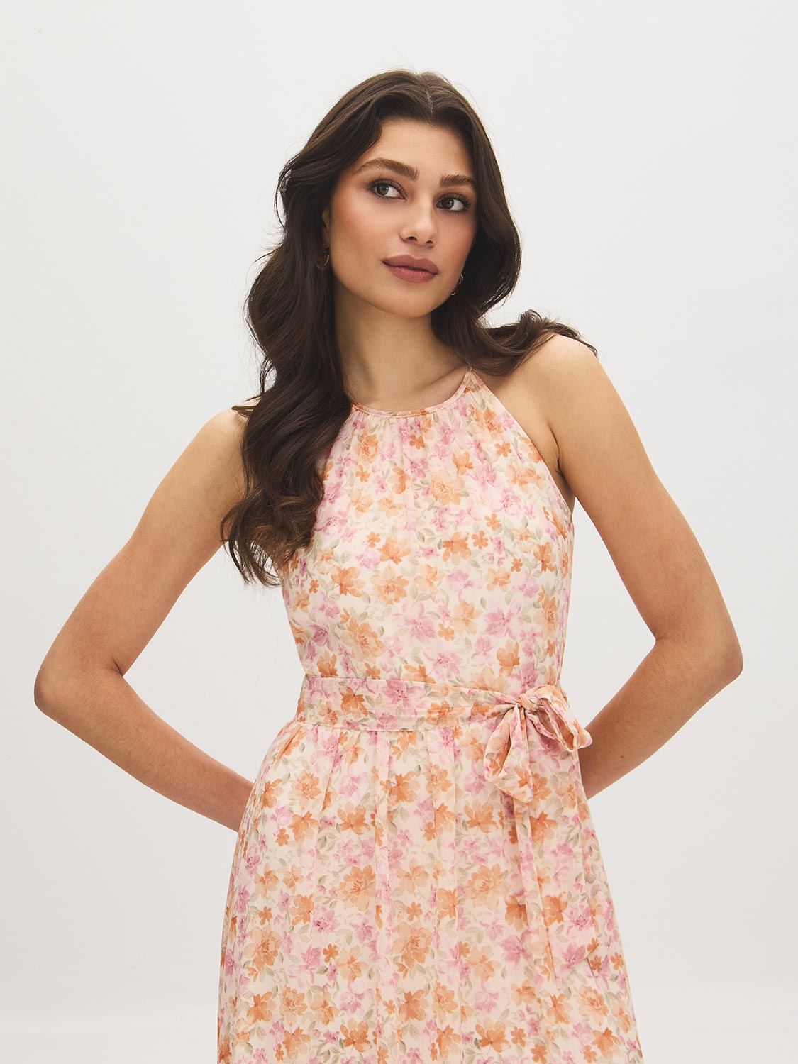 Peach Dust Floral Print Halter Midi Dress - Front View - Suzy Shier