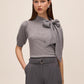 Grey Mix Tie Neck Short Sleeve Knit Sweater - Front View - Le Chateau