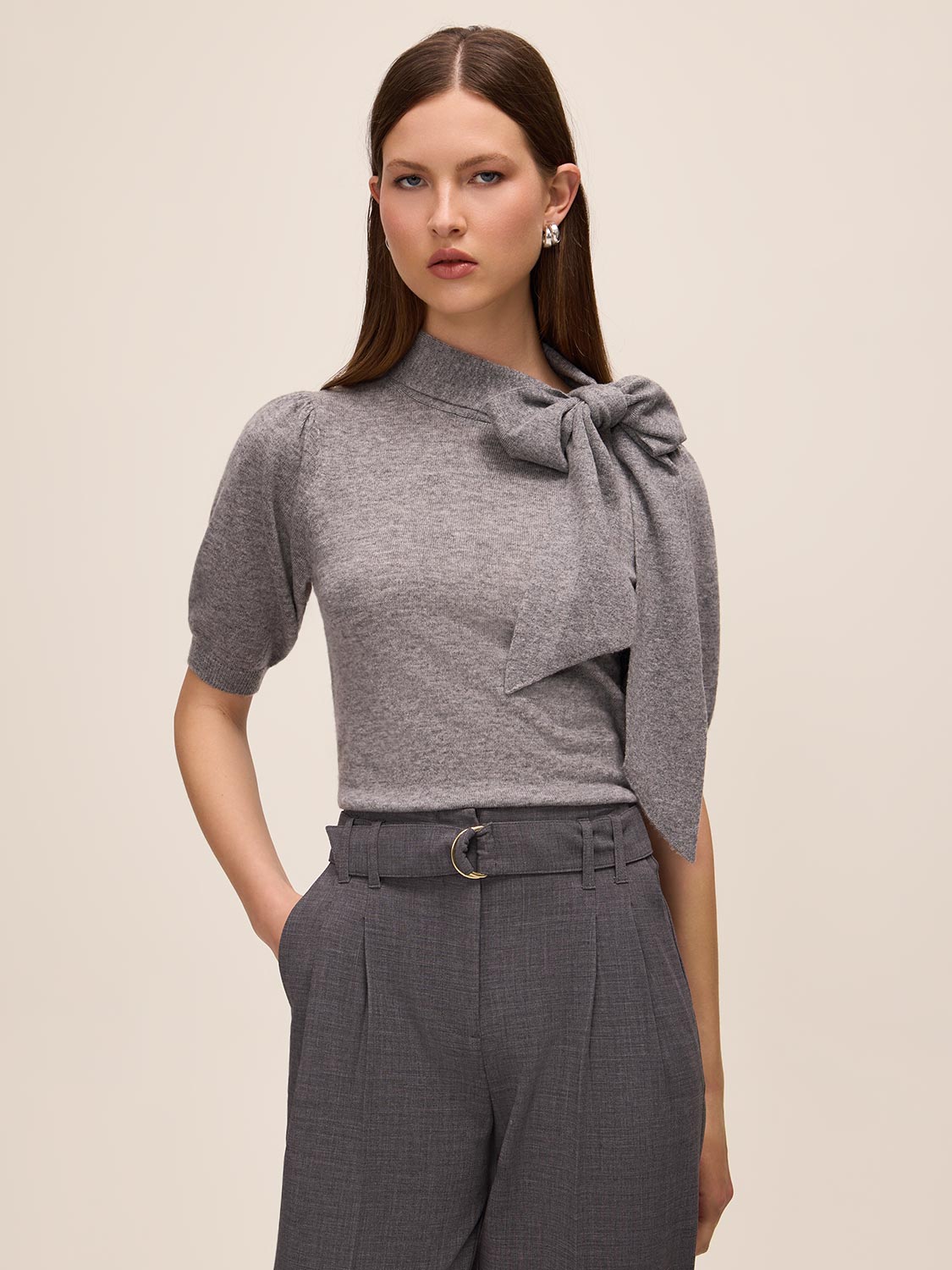 Grey Mix Tie Neck Short Sleeve Knit Sweater - Front View - Le Chateau