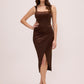 Chocolate Square Neck Knit Satin Wrap Dress - Woman Wearing Elegant Evening Dress - Le Chateau
