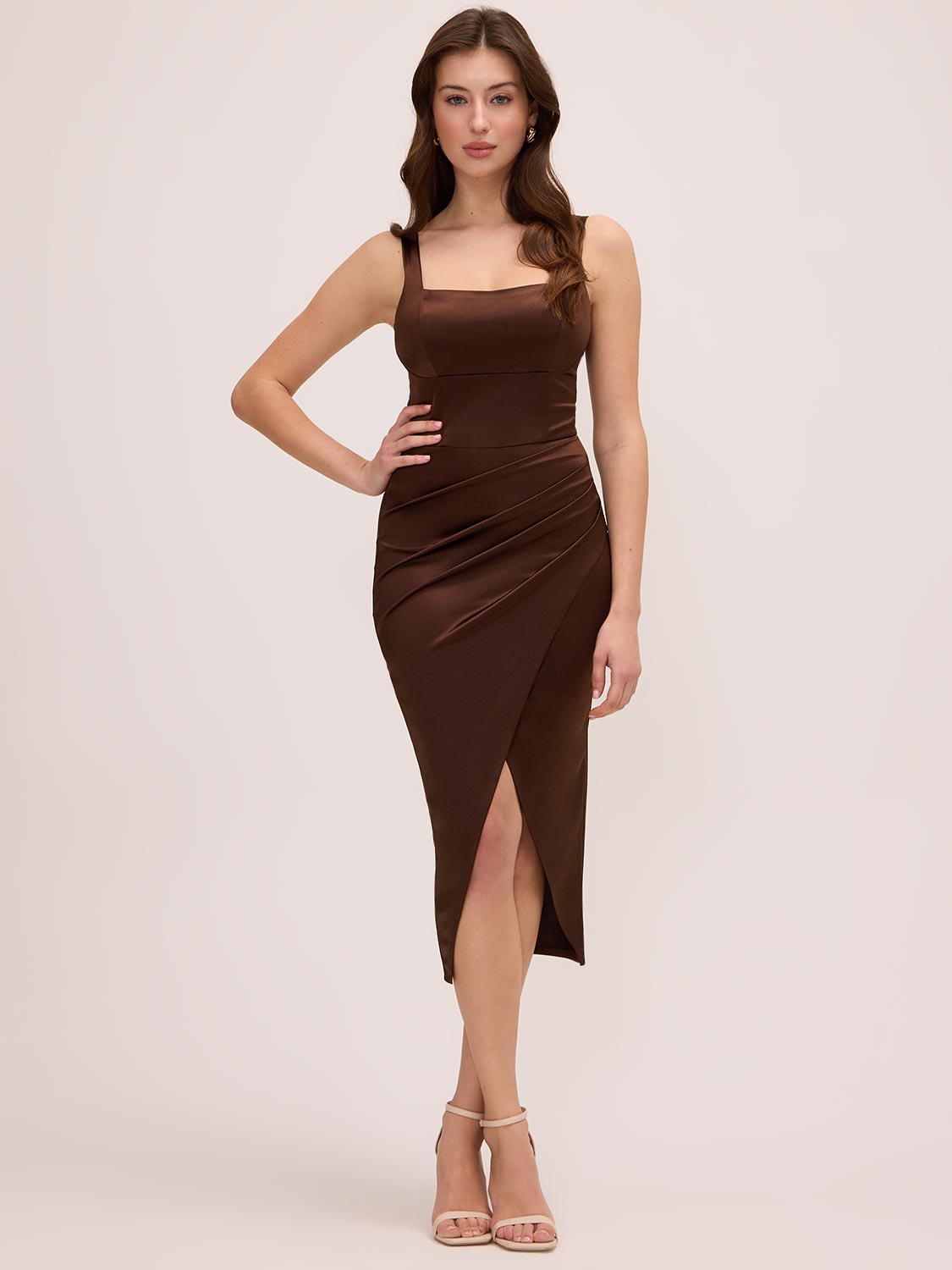 Chocolate Square Neck Knit Satin Wrap Dress - Woman Wearing Elegant Evening Dress - Le Chateau