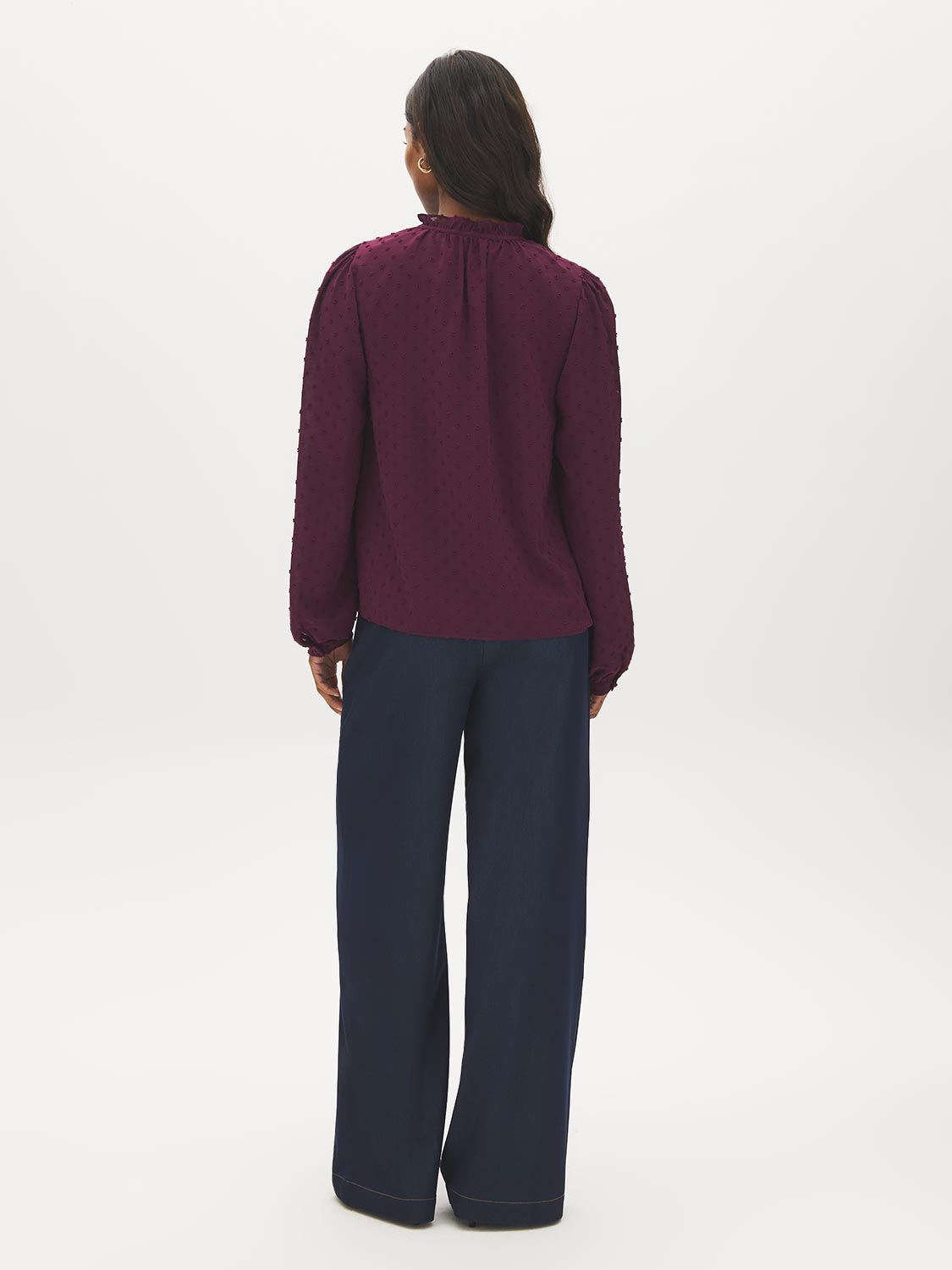 Winetasting Swiss Dot Peplum Blouse with Ruffle Neck - Back View - Suzy Shier
