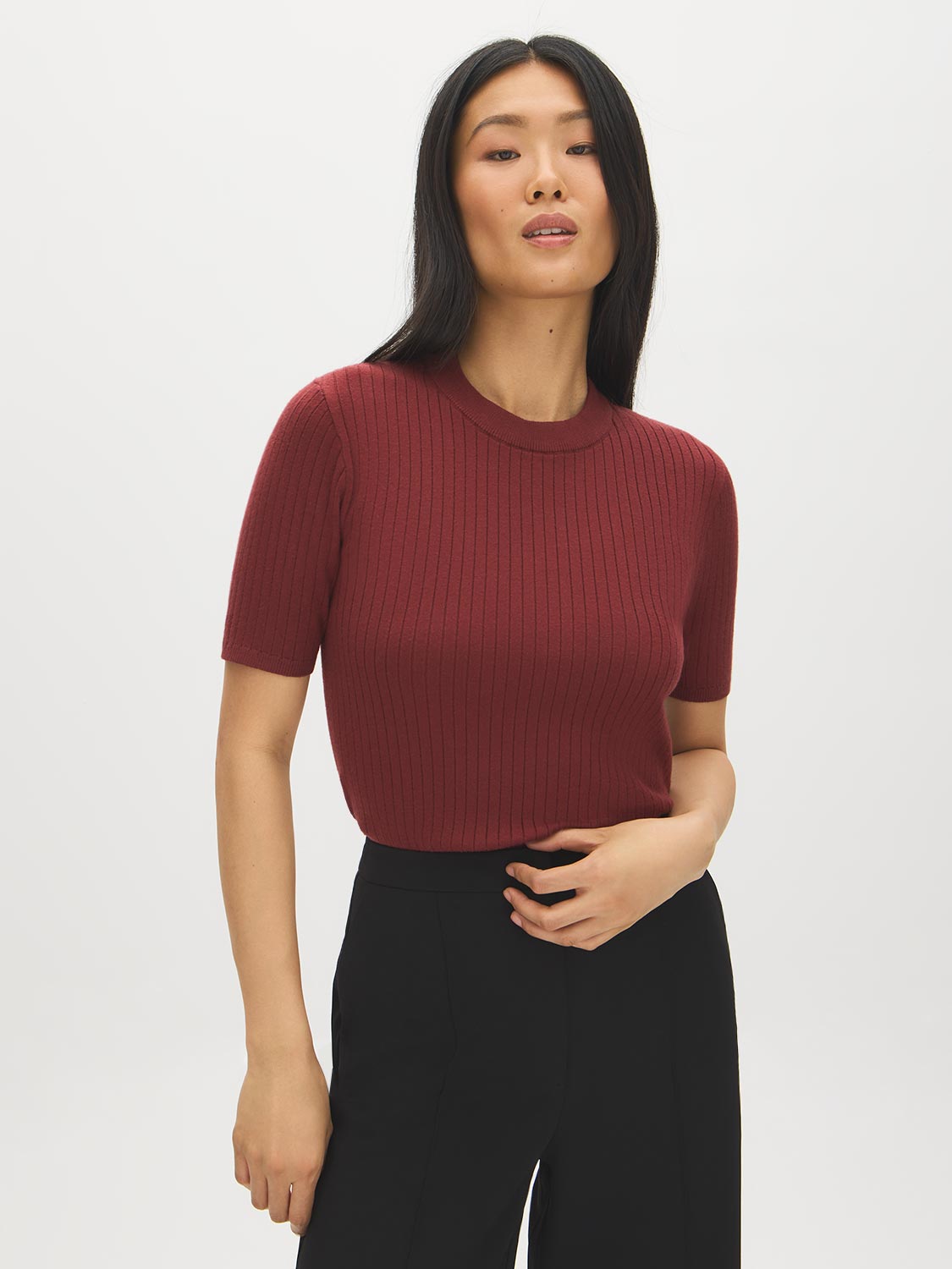 Syrah Ribbed Knit Crew Neck Sweater - Woman Wearing Short Sleeve Textured Top - Suzy Shier