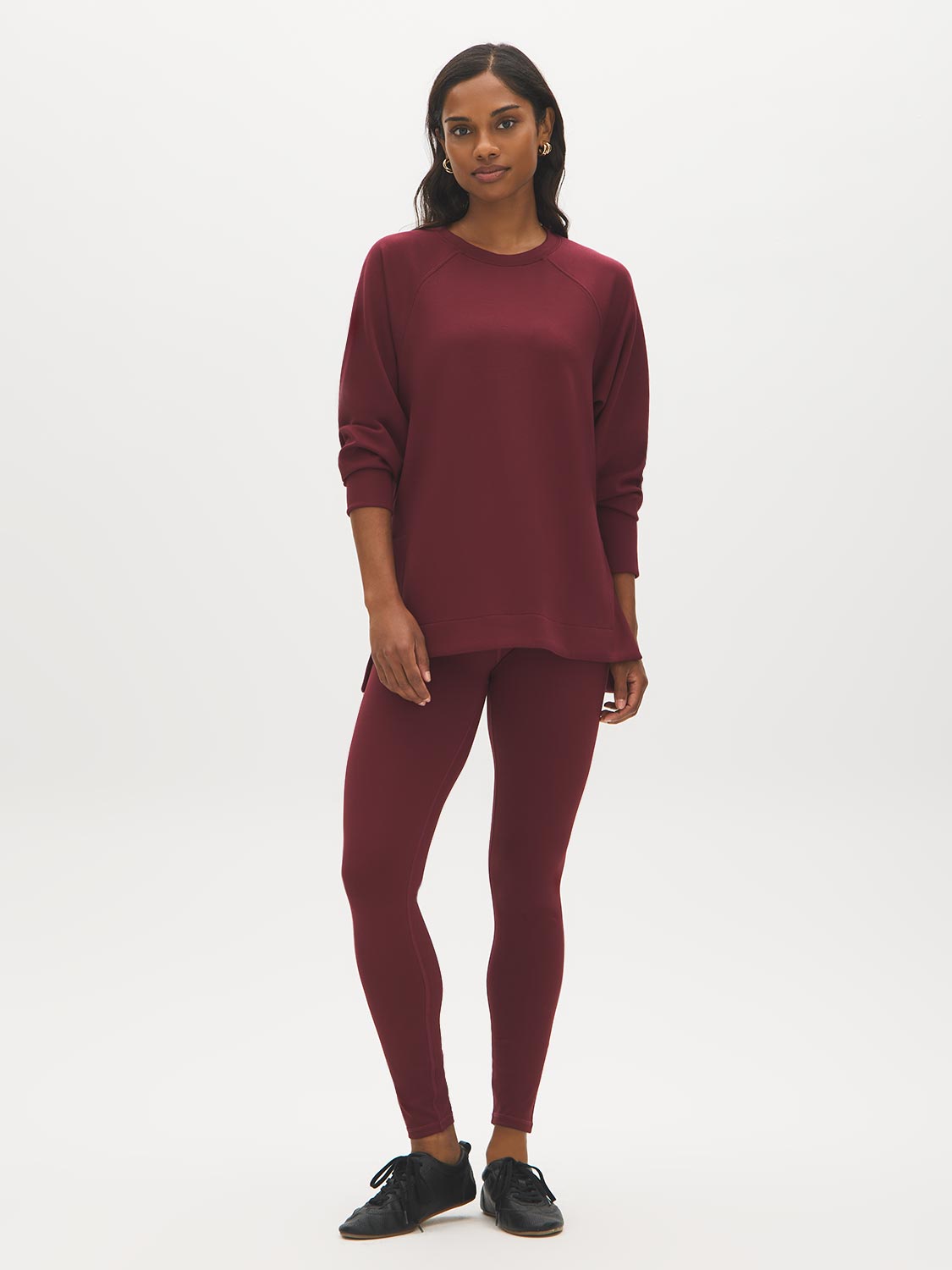Zinfandel Brushed Knit Leggings with Wide Waistband - Woman Wearing Stretchy Knit Leggings - Suzy Shier