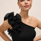 Black One-Shoulder Jumpsuit with Chiffon Ruffle Detail - Close-up Ruffle Detail - Le Chateau