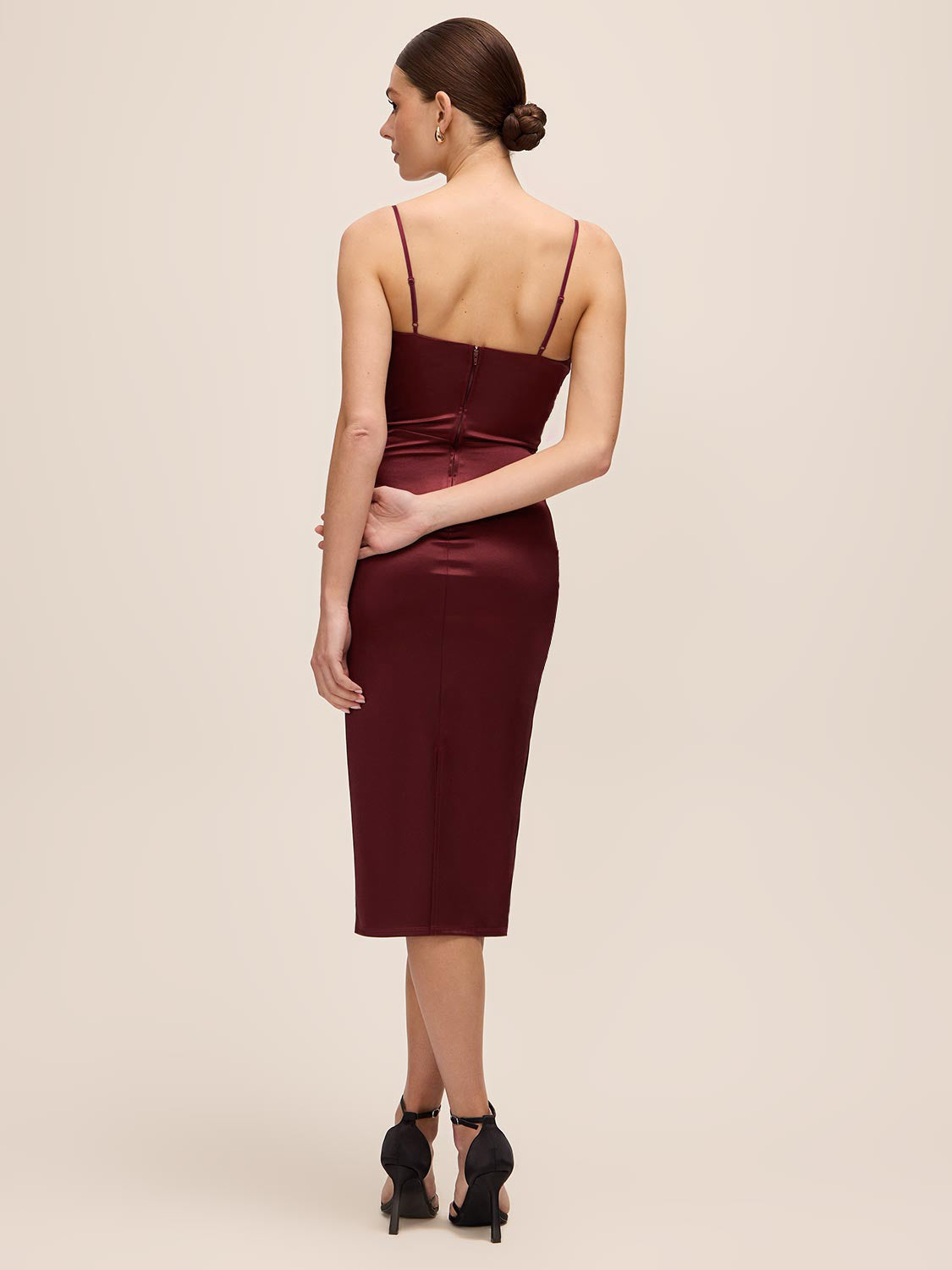 Bordeaux Cowl Neck Satin Dress - Back View - Le Chateau