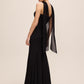 Black Knit Crepe Gown with Chiffon Godet Inserts - Back Side View - Le Chateau