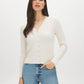 Snow White Ribbed V-Neck Cardigan Sweater - Woman Wearing Button-Front Knit Sweater - Suzy Shier