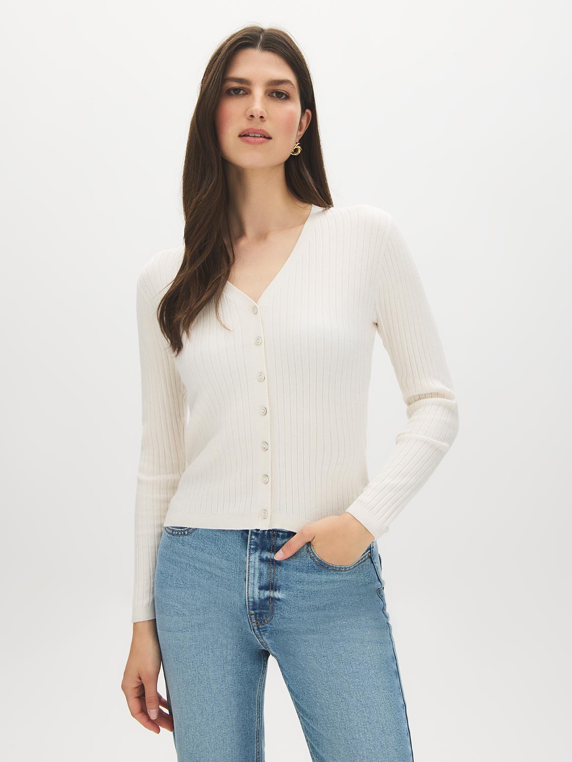 Snow White Ribbed V-Neck Cardigan Sweater - Woman Wearing Button-Front Knit Sweater - Suzy Shier