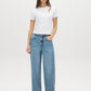 Medium Stone Wash Curved Wide-Leg Denim Pant - Woman Wearing Wide-Leg Jeans with Side Panels - Suzy Shier