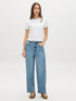 Medium Stone Wash Curved Wide-Leg Denim Pant - Woman Wearing Wide-Leg Jeans with Side Panels - Suzy Shier
