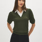 Deep Depths Melange Jacquard Sweater with Poplin Collar - Woman Wearing Short Elbow Puff Sleeve Top - Suzy Shier