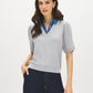 Grey Melange Puff Sleeve Jacquard Sweater - Woman Wearing Knit Top with Denim Collar - Suzy Shier