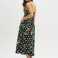 Jet Black Tropical Print Cotton Midi Dress - Woman Wearing Fitted Upper Dress with Full Skirt - Suzy Shier