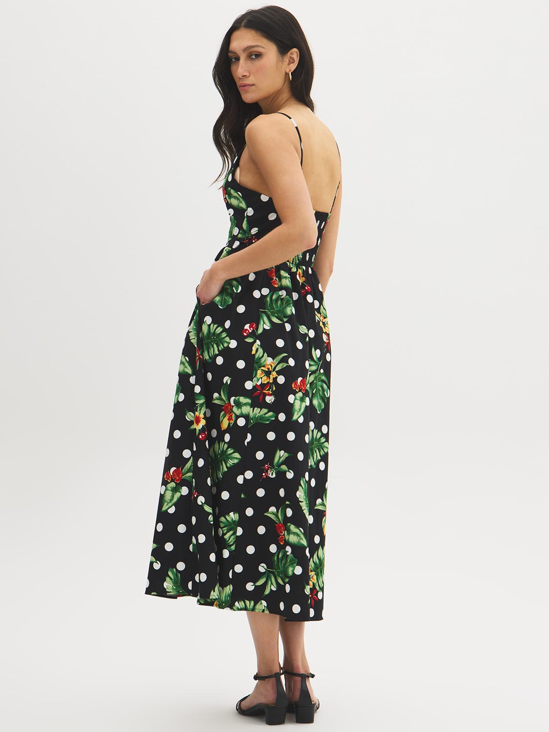 Jet Black Tropical Print Cotton Midi Dress - Woman Wearing Fitted Upper Dress with Full Skirt - Suzy Shier