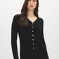 Black V-Neck Button Front Ribbed Cardigan - Woman Wearing Knit Buttoned Sweater - Suzy Shier