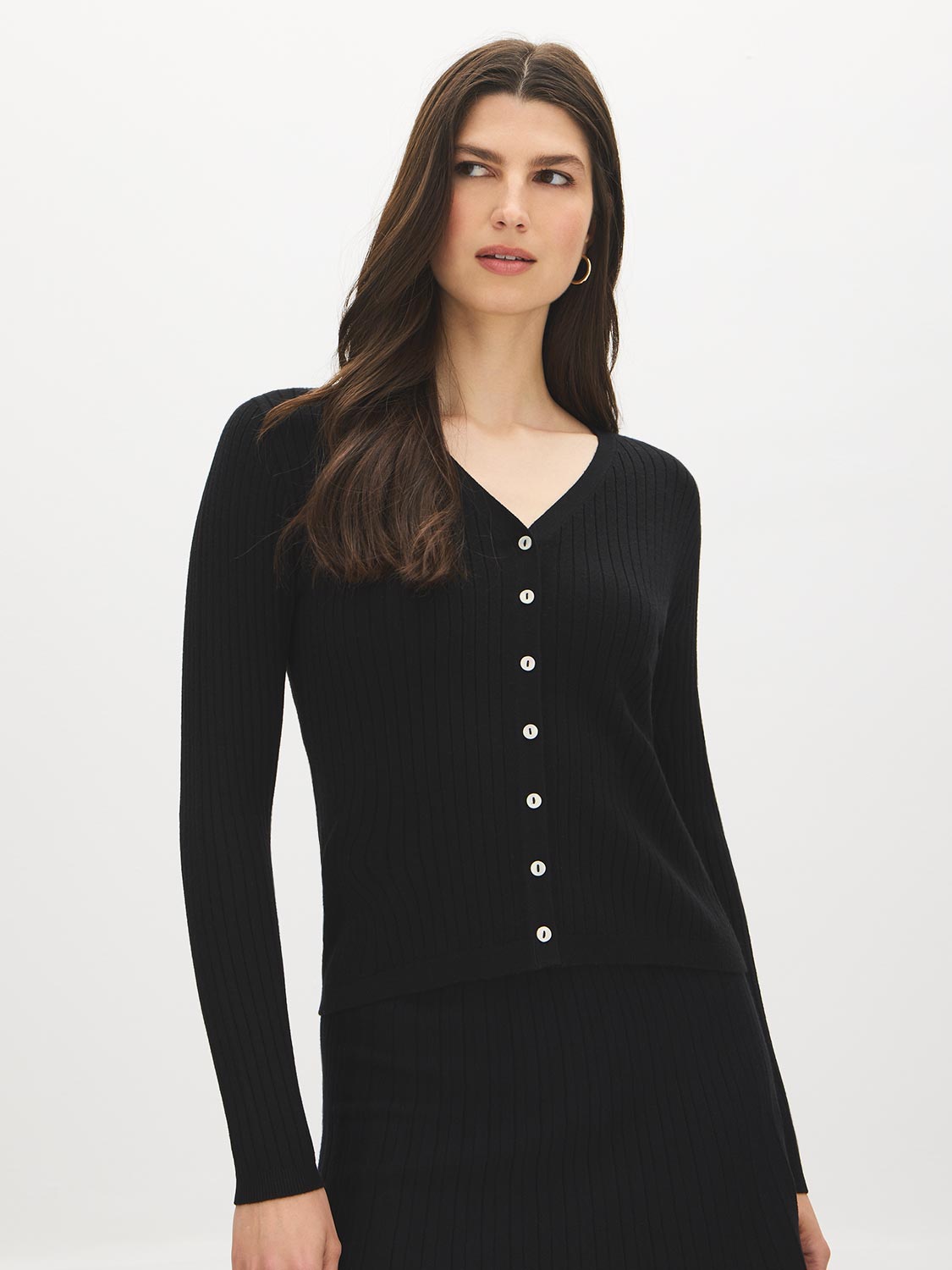 Black V-Neck Button Front Ribbed Cardigan - Woman Wearing Knit Buttoned Sweater - Suzy Shier
