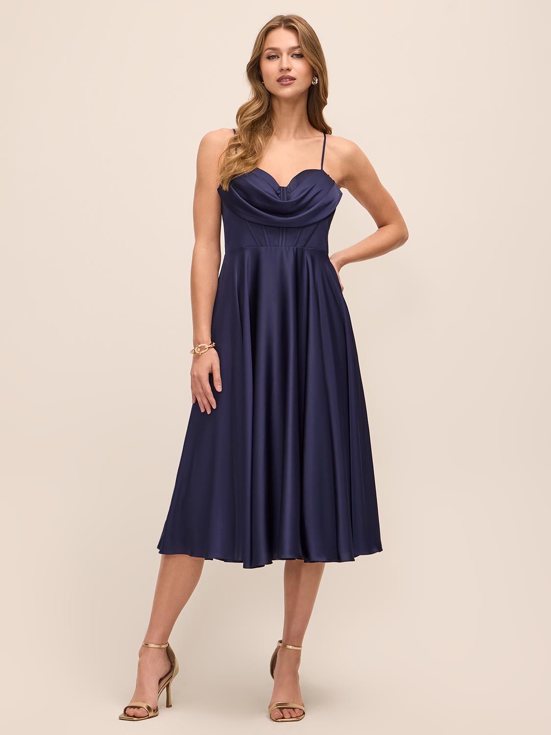Dark Sapphire Satin Fit & Flare Dress - Front View - Le Chateau