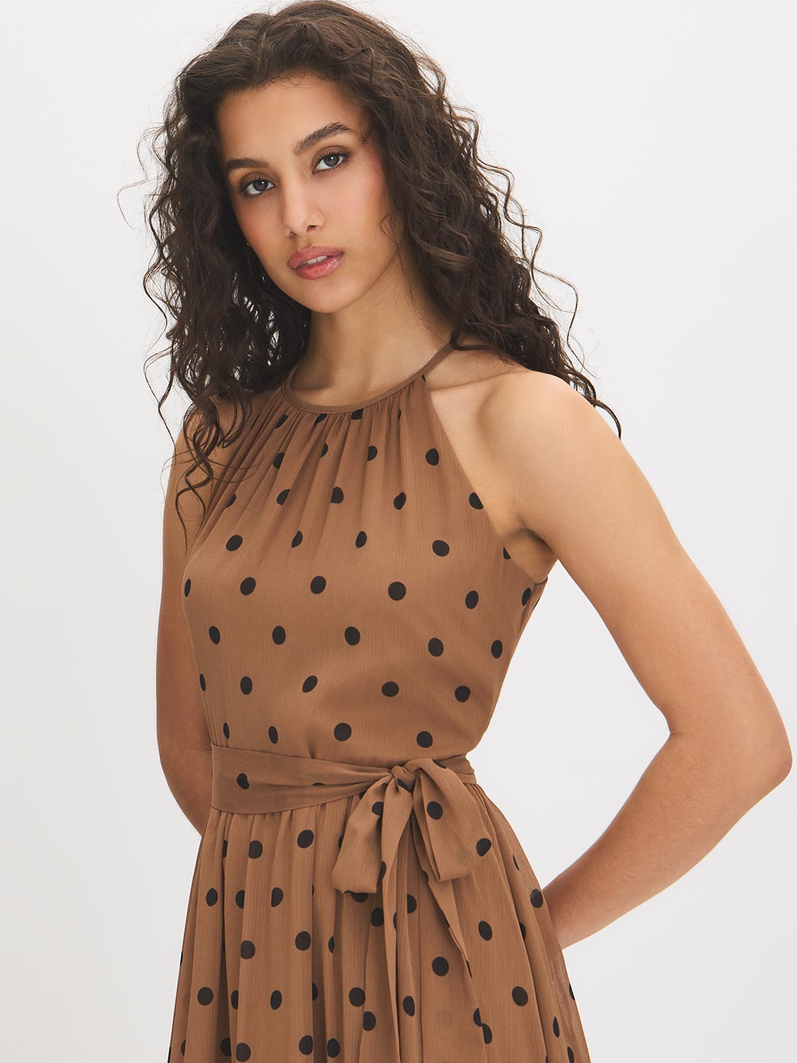 Woodsmoke Polka Dot Halter Midi Dress - Front View - Suzy Shier