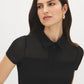 Black Mesh Yoke Johnny Collar Top - Close-up Collar Detail - Suzy Shier