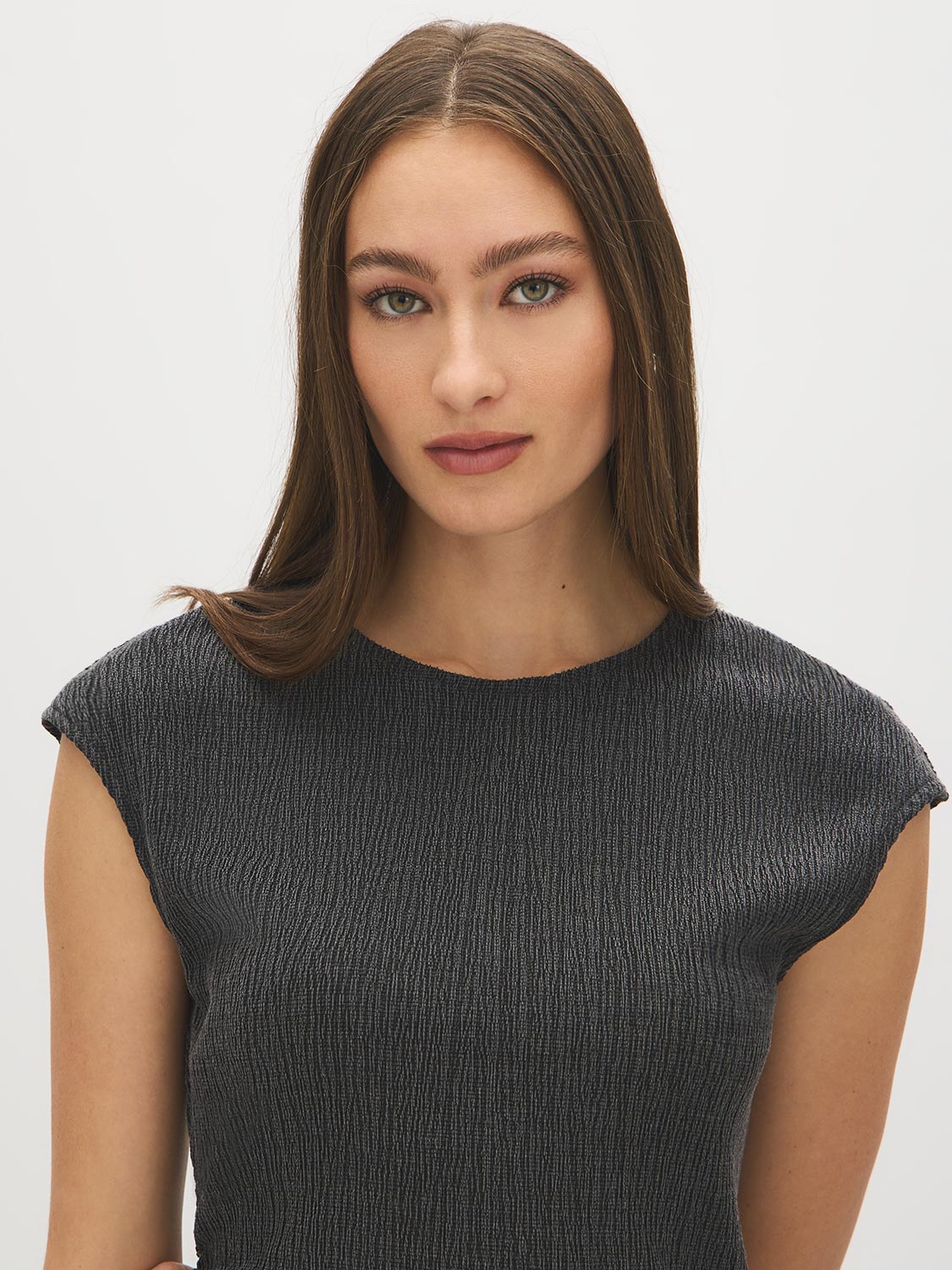 Charcoal Textured Asymmetrical Dolman Sleeve Top - Close-up Fabric Detail - Suzy Shier