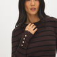 Coffee Bean/Black Stripe Knit Sweater with Snap Button Sleeves - Front View - Suzy Shier