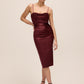 Bordeaux Cowl Neck Satin Dress - Woman Wearing Pleated Evening Dress - Le Chateau