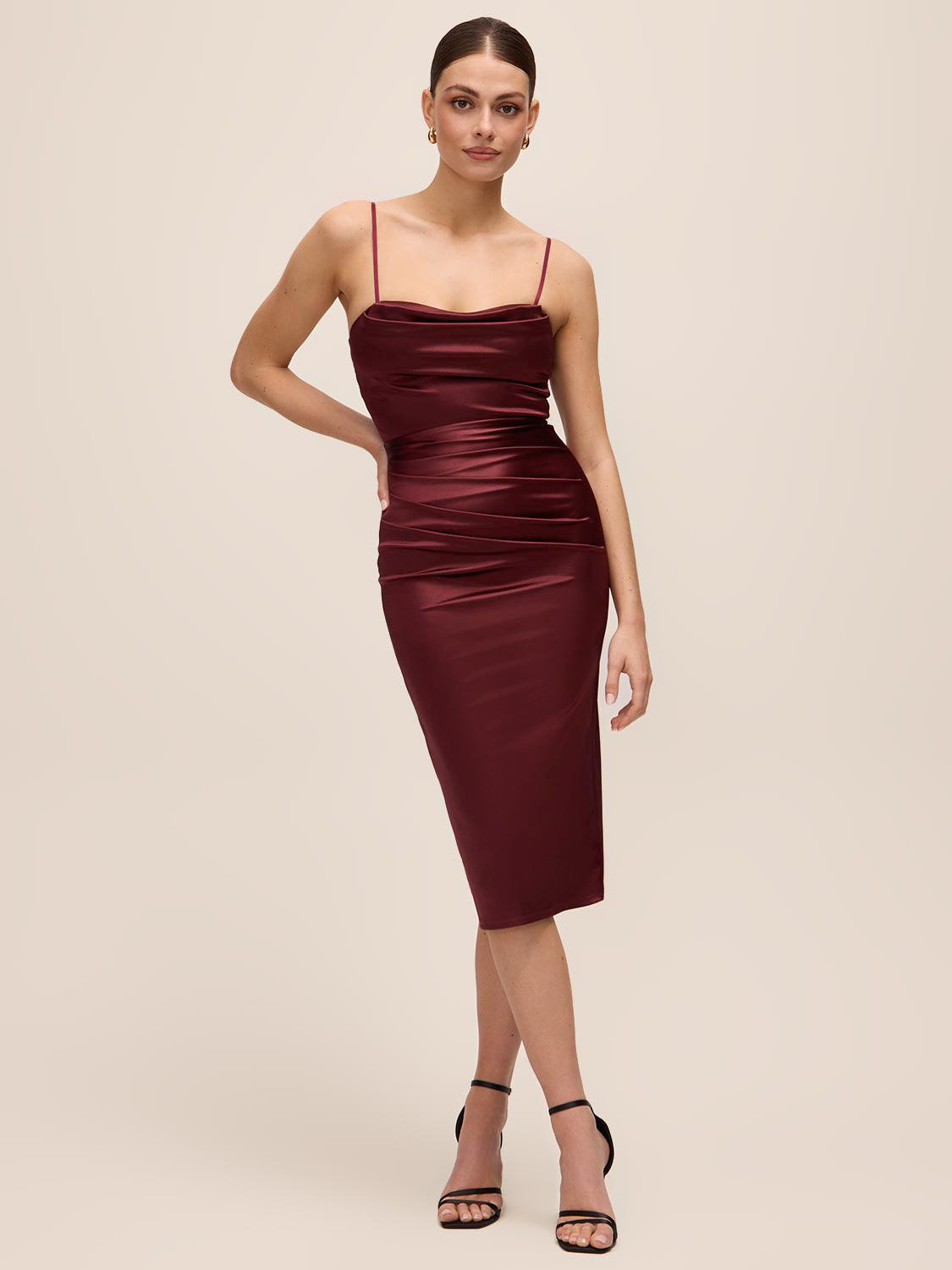 Bordeaux Cowl Neck Satin Dress - Woman Wearing Pleated Evening Dress - Le Chateau