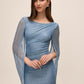 Steel Blue Boat Neck Sheath Dress with Back Cape - Front View - Le Chateau